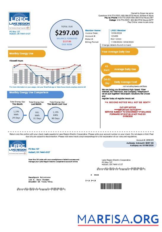 Realistic USA Oklahoma LREC Lake Region business utility bill template in Word and PDF formats